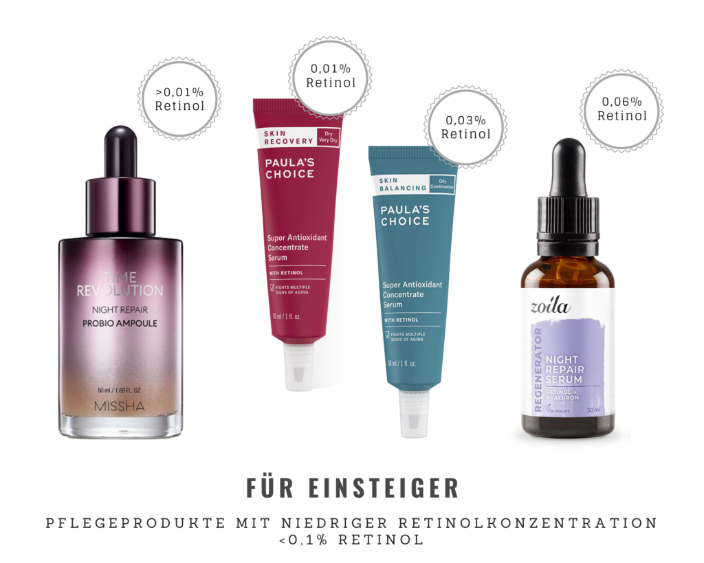 Pflegeprodukte mit niedrigen Retinolkonzentrationen für den Einstieg: Missha Time Revolution Night Repair Probio Ampoule, Paula's Choice Skin Recovery Super Antioxidant Concentrate Serum, Paula's Choice Skin Recovery Super Antioxidant Concentrate Serum, Zoila Night Repair Serum